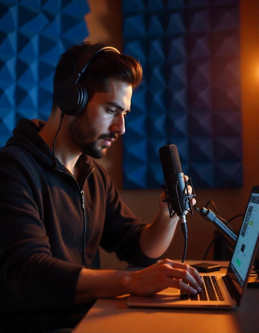 Vlogger adjusting microphone gain settings in a soundproofed room with foam panels to reduce background noise