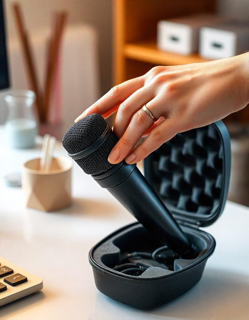 A vlogger maintaining their USB microphone by cleaning it and storing it in a protective case to prolong its lifespan.