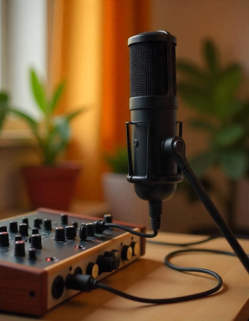 Close-up of an XLR microphone connected to a mixer, set up for a vlogger’s recording studio."