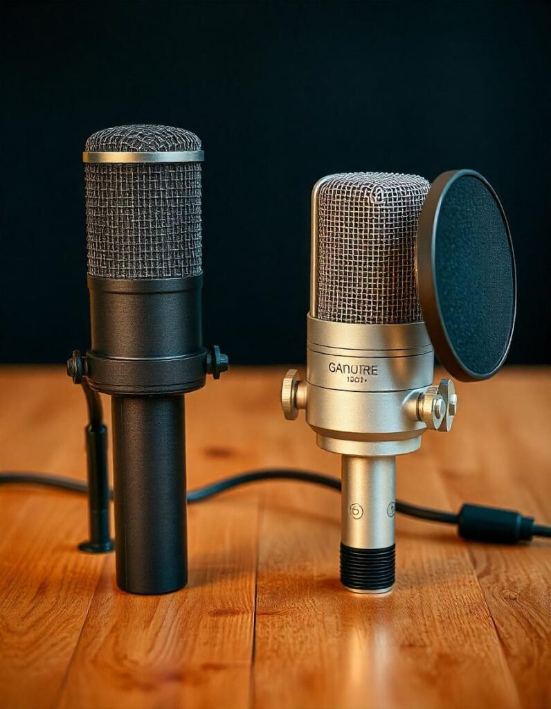 Comparison of dynamic and condenser XLR microphones, showing differences in design and size."