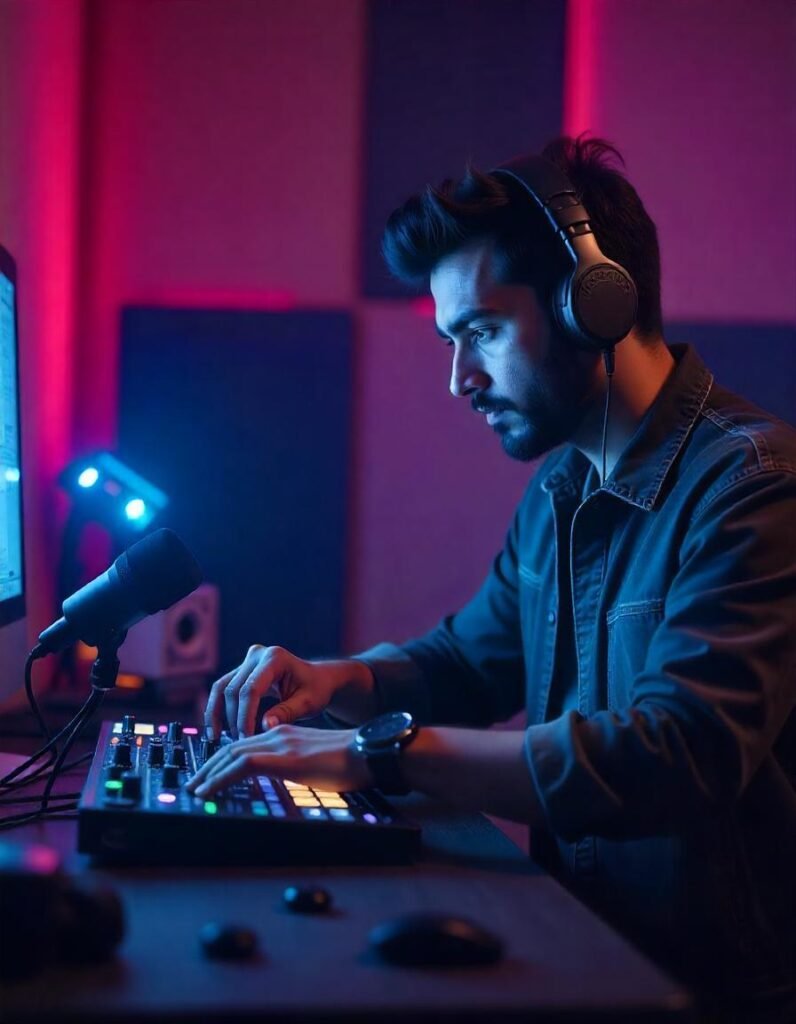 Vlogger adjusting audio settings on a digital audio interface while holding an XLR microphone, ensuring optimal sound quality.