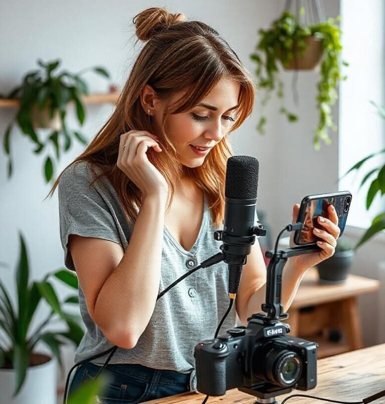 Content creator preparing to set up vlogging equipment, with XLR microphone, camera, and accessories on a table.