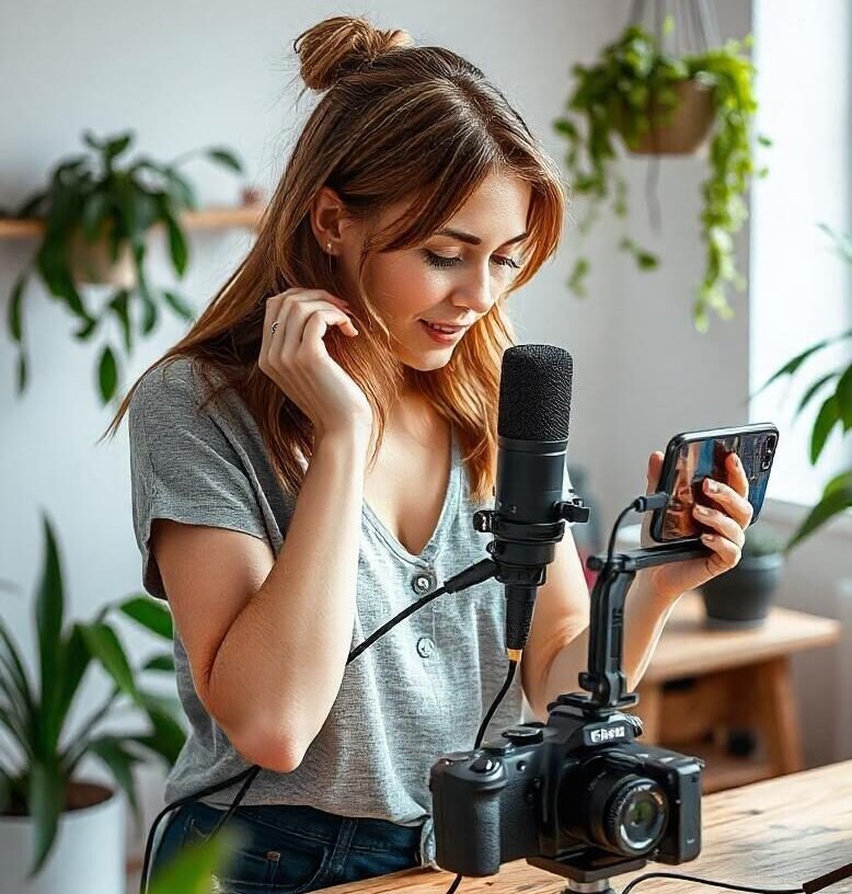 Content creator preparing to set up vlogging equipment, with XLR microphone, camera, and accessories on a table.