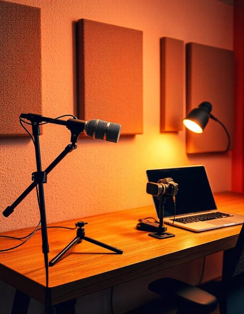 Professional XLR microphone on a desk in a soundproofed studio, showing a high-quality vlogging setup."