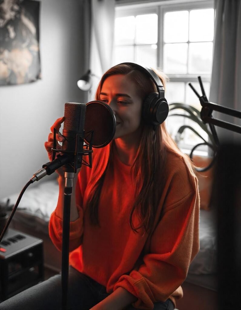 Vlogger recording a podcast in a cozy home studio, using an XLR microphone, headphones, and sound equipment