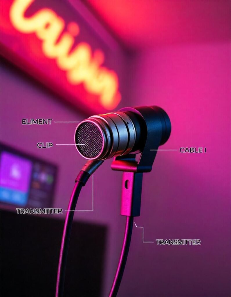 An annotated diagram showing key parts of a lavalier mic, such as the microphone element, clip, cable, and transmitter (for wireless models).