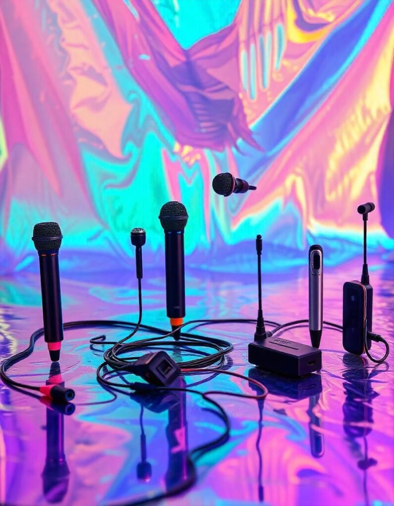 A visual featuring different models of lavalier microphones lined up, showcasing a range of designs, sizes, and types (wired vs. wireless).