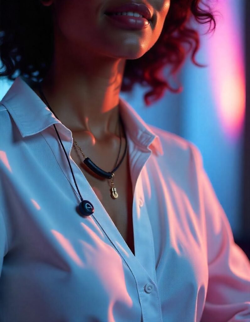 A clean, close-up image of a lavalier microphone clipped onto a person’s clothing, ideally in a studio or interview setting.