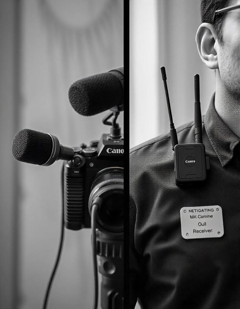  A side-by-side comparison of a wired and wireless lavalier microphone setup, with visible connections and transmitters.