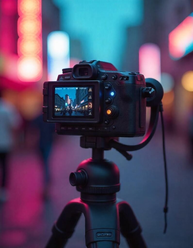 Concept image of futuristic vlogging cameras equipped with advanced hybrid stabilization, incorporating AI or sensor-driven stabilization technologies."