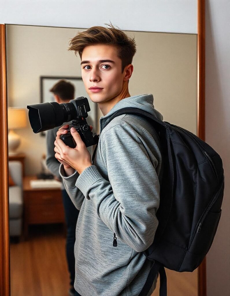 Vlogger preparing camera gear with spare batteries and a power bank for long shoots, emphasizing the importance of backup power solutions.