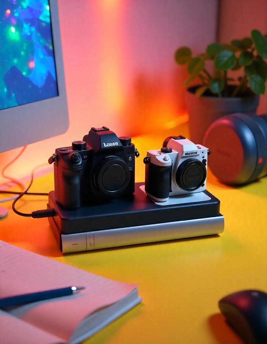 Charging station with multiple vlogging cameras and batteries, highlighting how to manage and extend battery life during long vlogging sessions