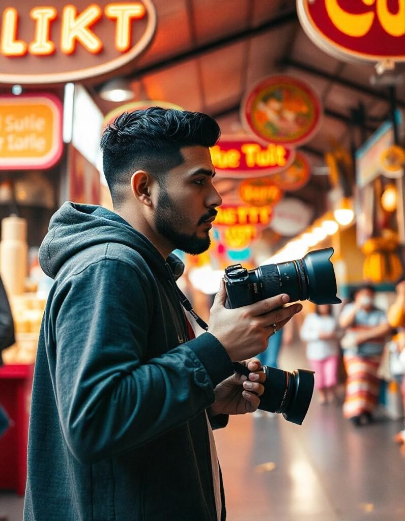 Vlogger walking and recording with a camera that maintains sharp focus using continuous autofocus.