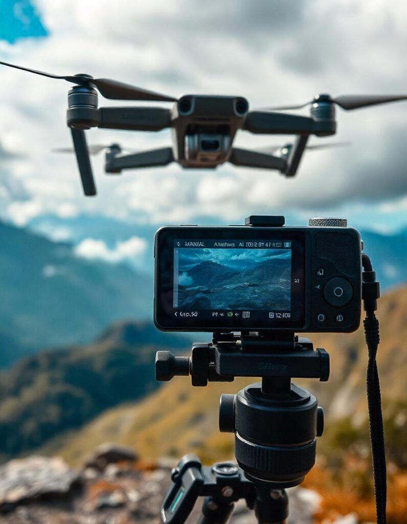 Camera mounted on a tripod with a visible toggle switch between manual and autofocus modes on the screen.