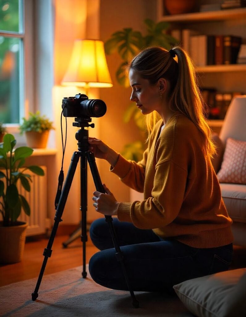 Vlogger using a gimbal to stabilize the camera for smoother video while maintaining sharp focus.