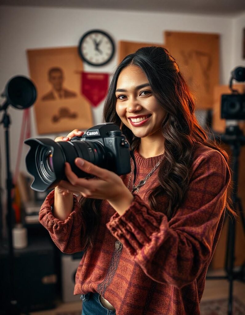 Vlogger reviewing camera with advanced autofocus features, including face and eye detection for sharp focus
