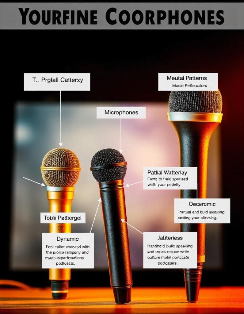 a visual comparison of different types of handheld microphones (dynamic, condenser, and wireless). 