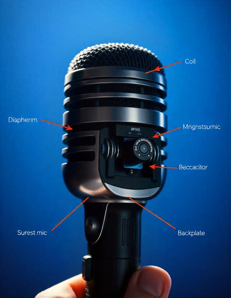  an infographic showing the internal components of a handheld microphone