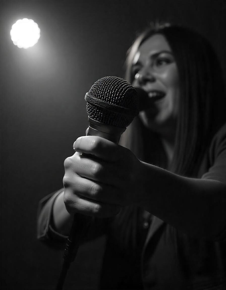 a person holding a handheld microphone in various settings: on stage during a live performance