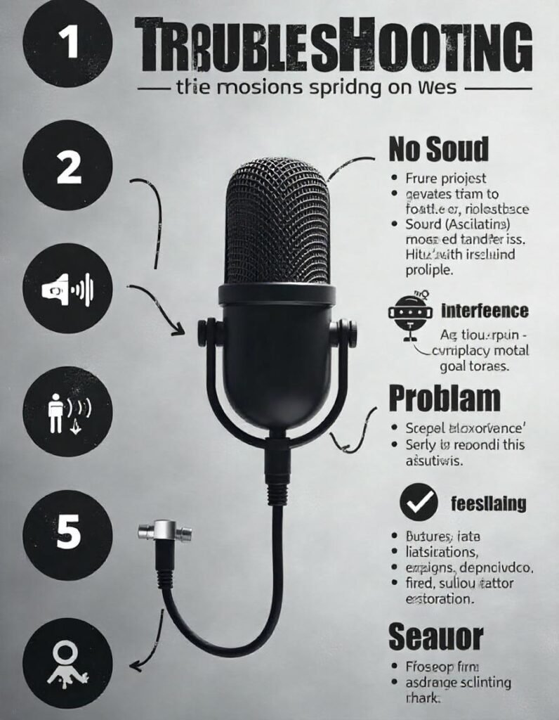 a step-by-step troubleshooting visual for common handheld microphone problems like no sound, interference, distortion, or feedback