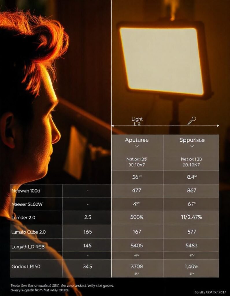 Comparison of top LED panels for vlogging, showcasing specifications like brightness, color temperature, and price for each model.