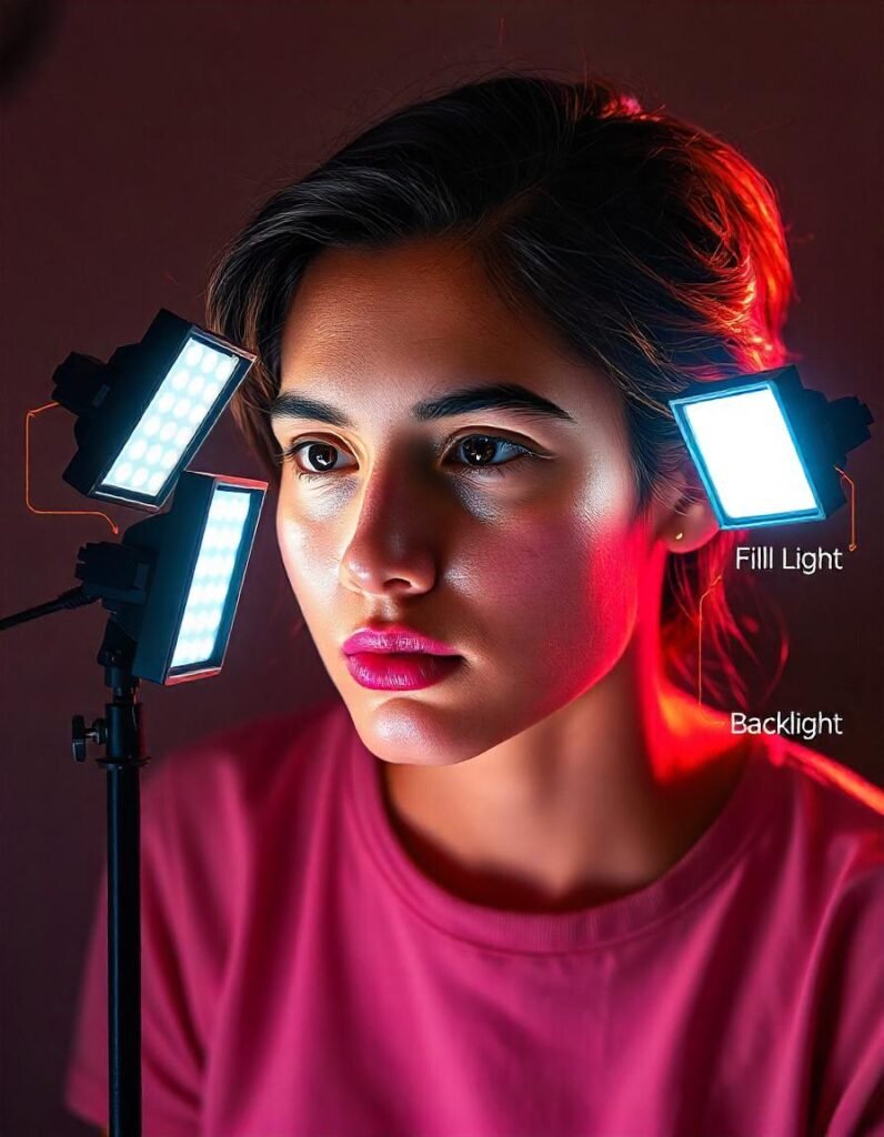 Diagram illustrating a three-point lighting setup with LED panels for vlogging, highlighting the positions of the key light, fill light, and backlight