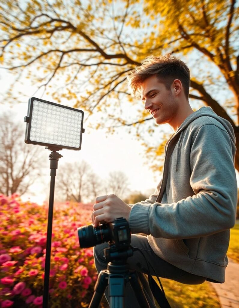 Portable LED panel mounted on a camera for mobile vlogging setup, demonstrating easy setup for vlogging on the go
