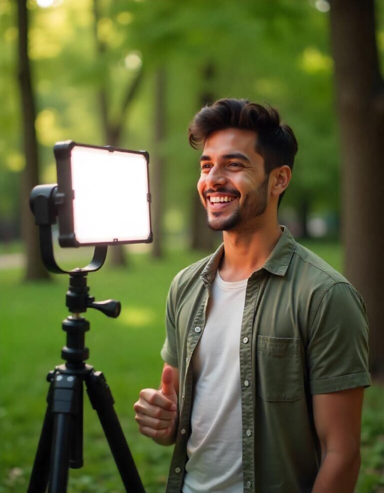 Portable LED panel mounted on a camera for mobile vlogging setup, demonstrating easy setup for vlogging on the go