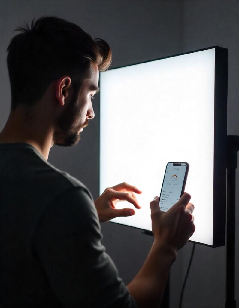Vlogger adjusting the brightness and color temperature on an LED panel to achieve the perfect lighting for vlogging