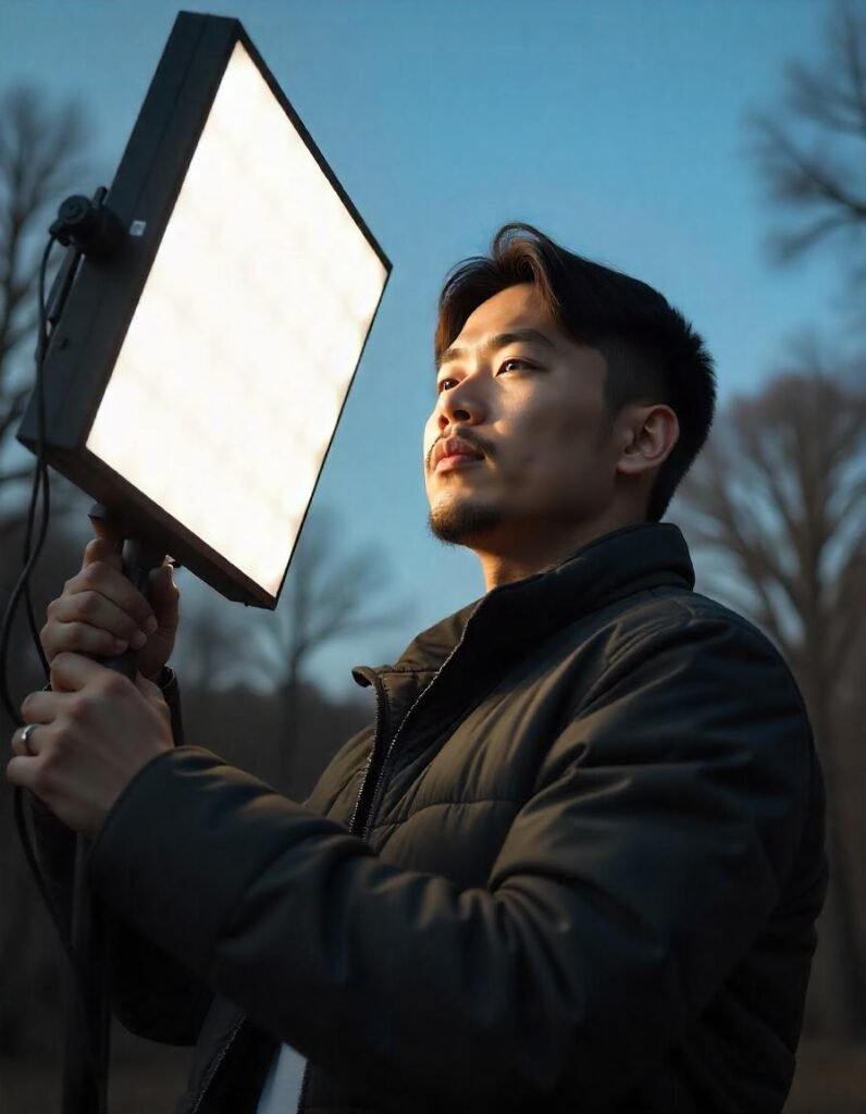 Vlogger using a portable LED panel outdoors with a battery pack, demonstrating versatility for on-location vlogging