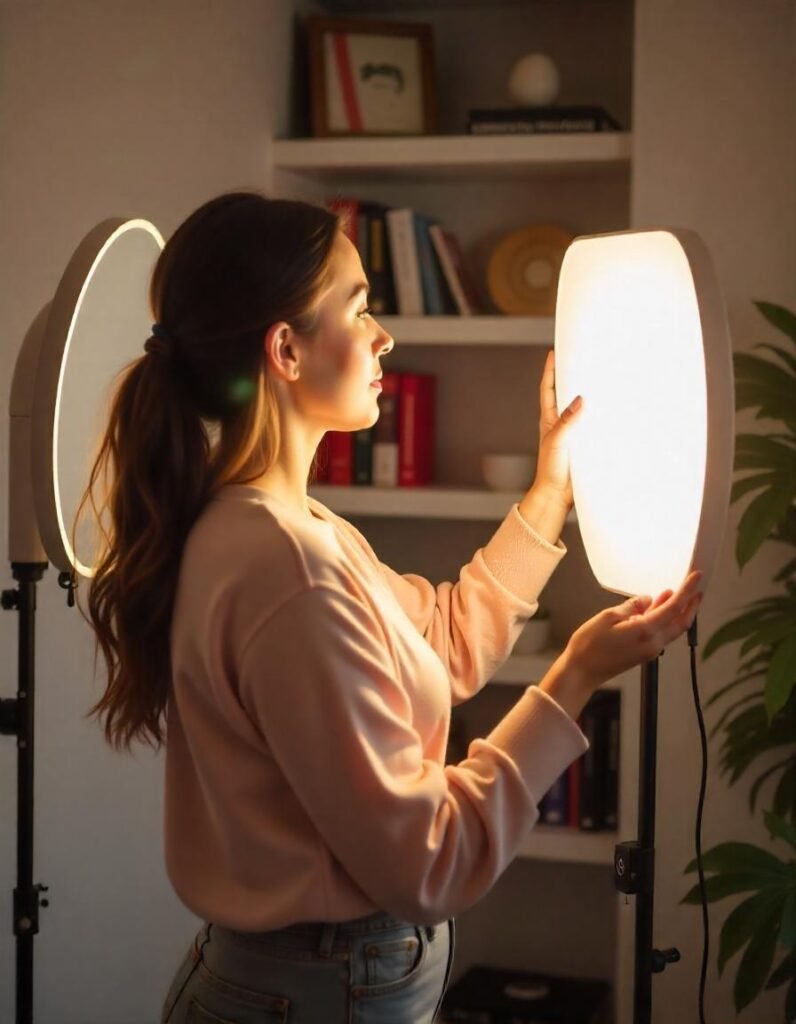 Vlogger comparing different LED panels, adjusting settings to find the ideal lighting for their video shoot