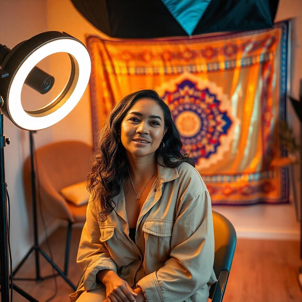 Vlogger with ring light and softbox lighting setup, showing the importance of lighting for clear and professional vlogs.
