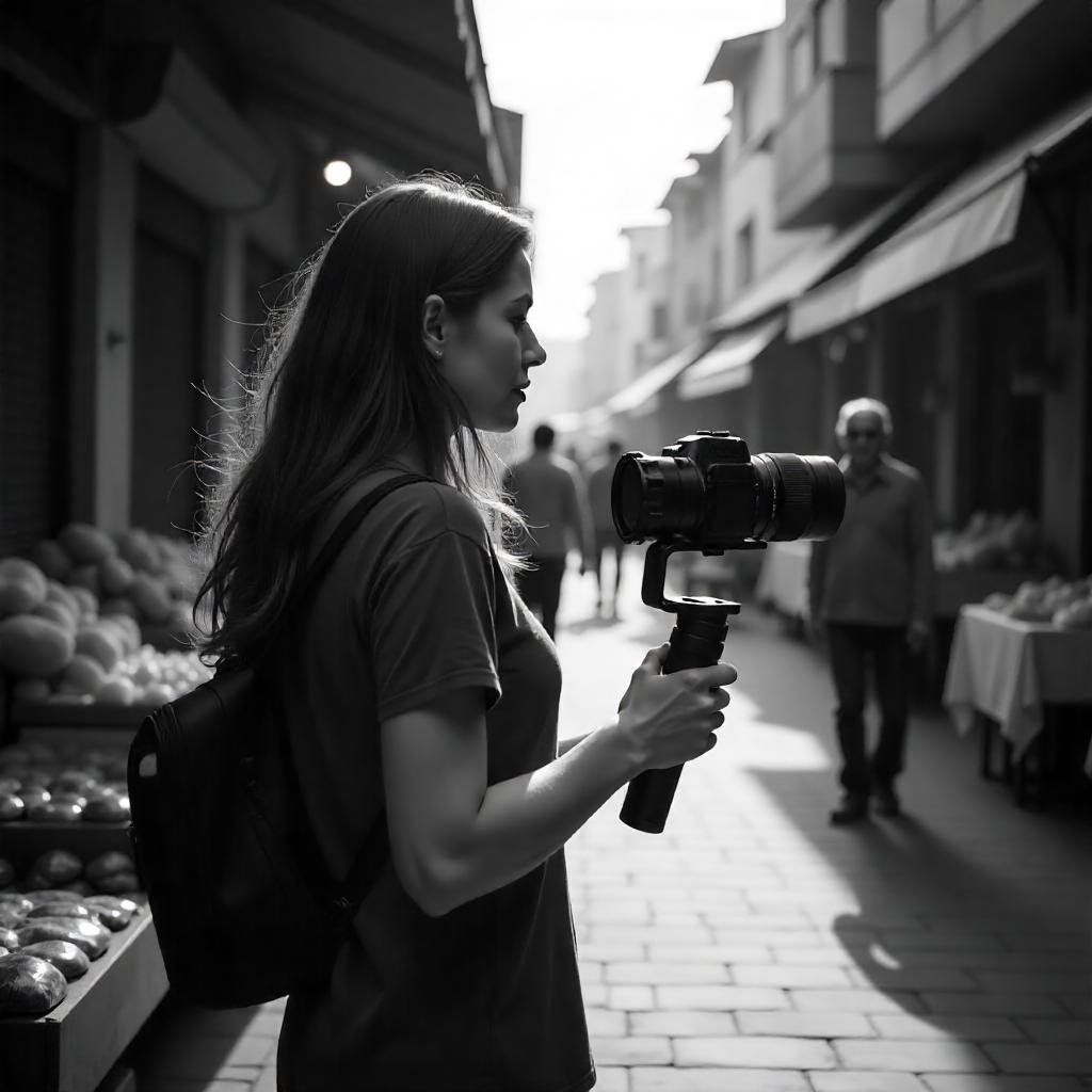 Vlogger using a handheld gimbal to create smooth and stabilized footage while walking outdoors."