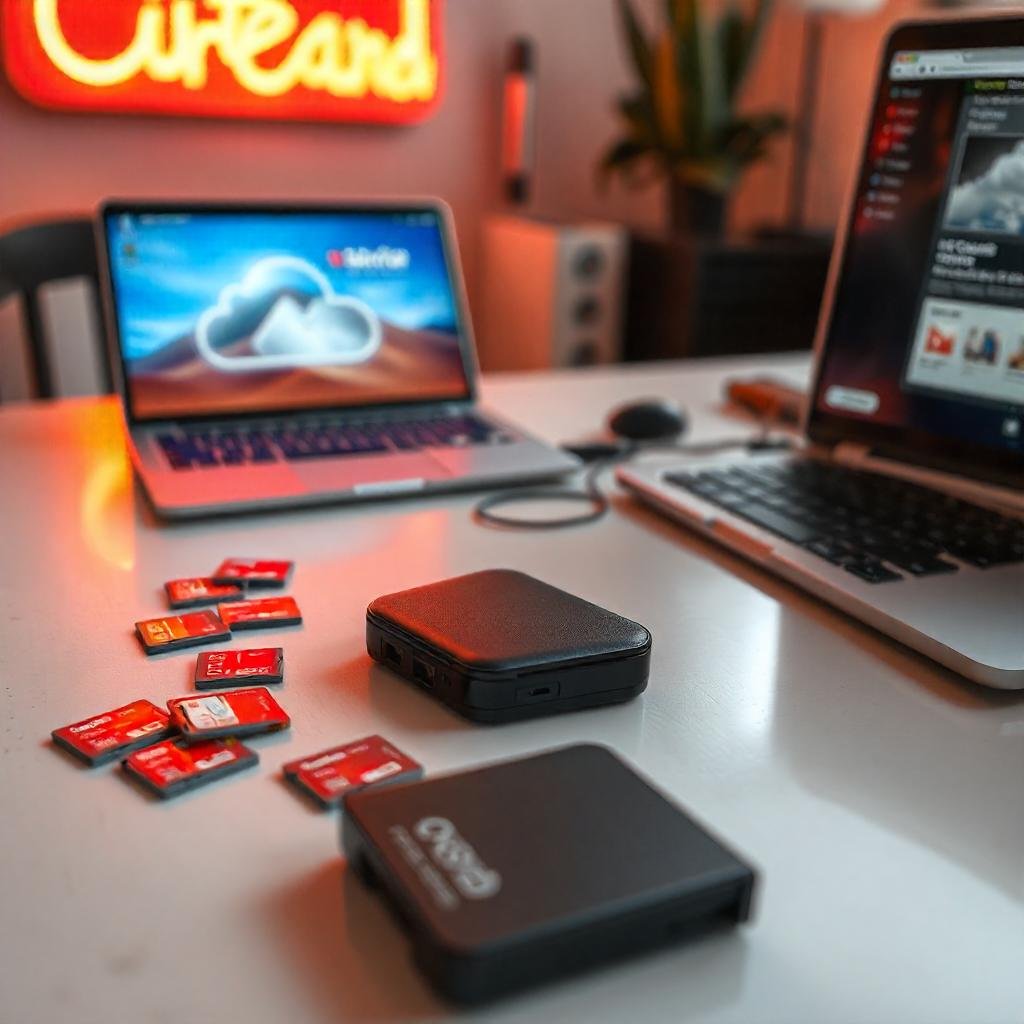 Memory cards, external hard drive, and cloud storage on a laptop, highlighting options for vlogging file storage and backup.