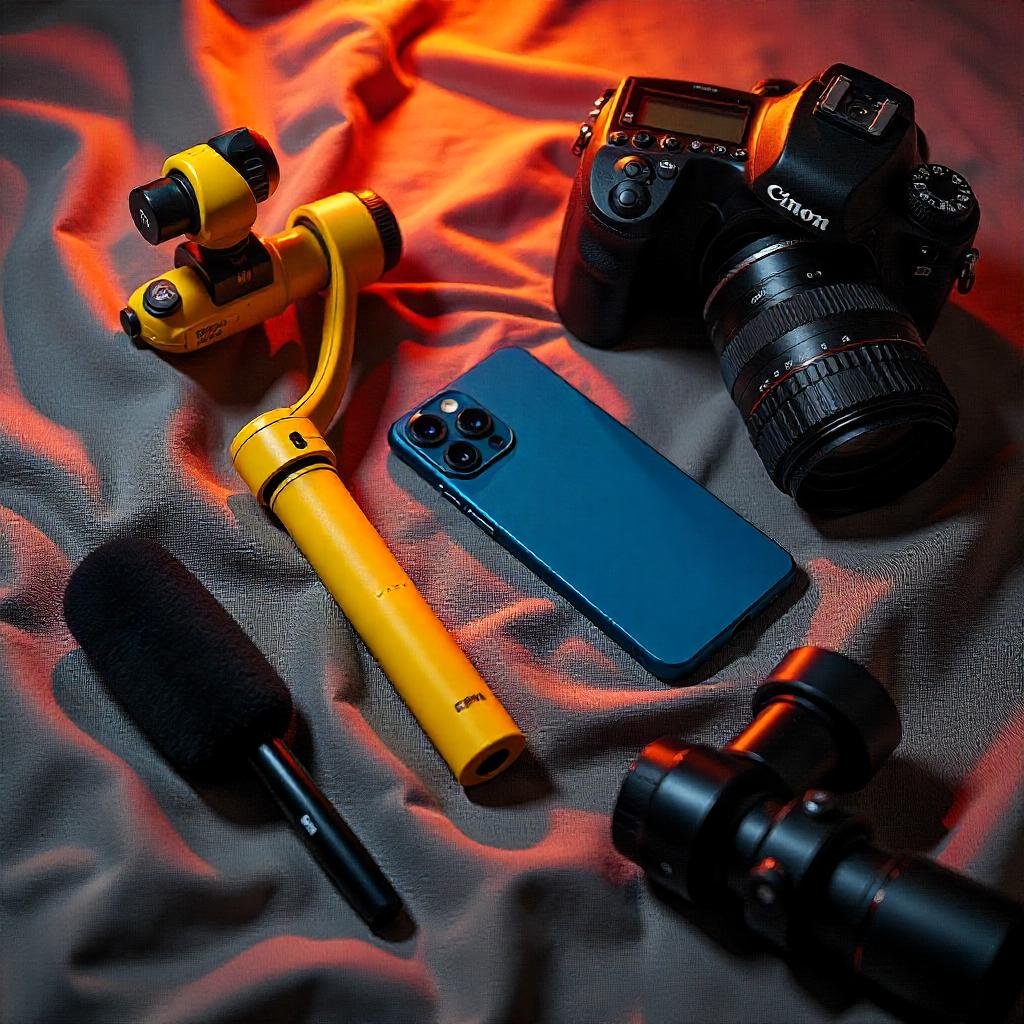 Vlogging gear setup with a gimbal, smartphone, camera, tripod, and microphone