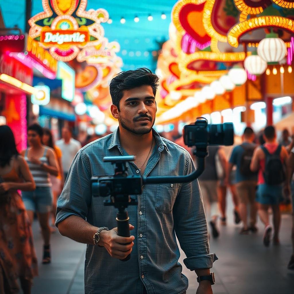 Vlogger using a handheld gimbal to film steady footage while walking