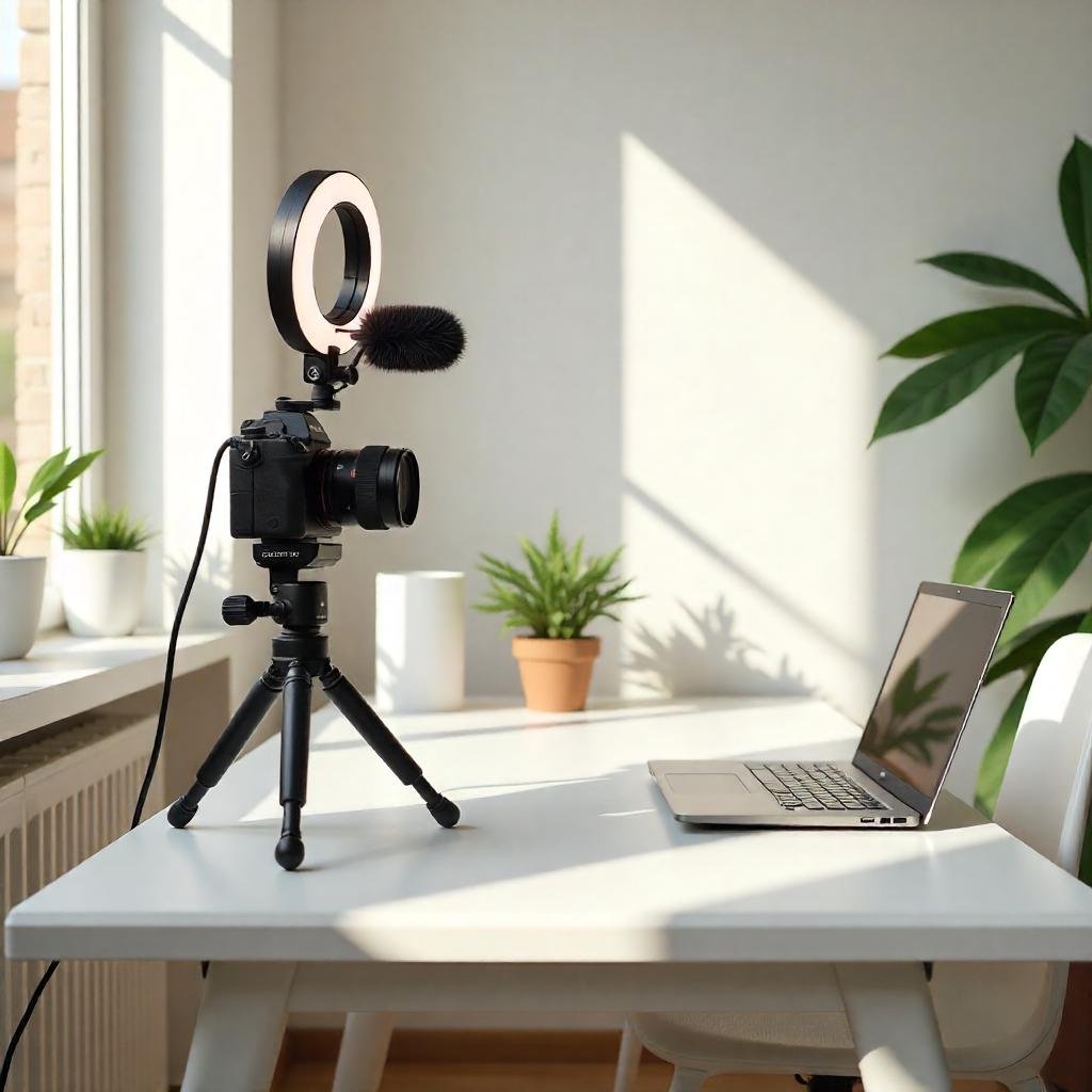 A professional vlogging camera setup featuring a Sony ZV-1F camera, microphone, tripod, and ring light, arranged neatly on a desk.
