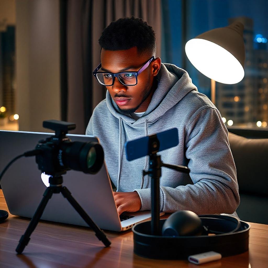 A person editing a vlog on a laptop with video editing software open, surrounded by vlogging tools like a camera, microphone, and headphones.