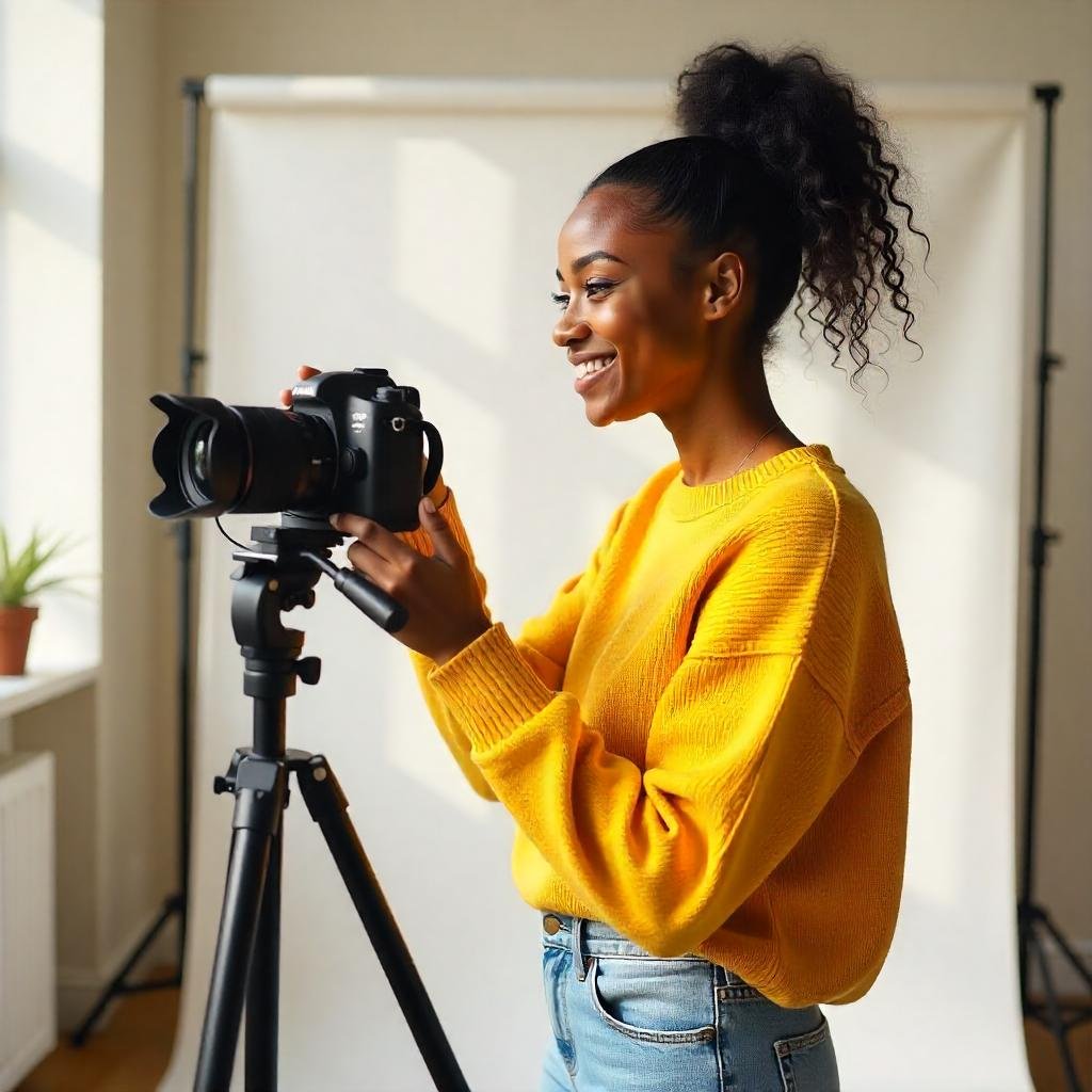 A vlogger filming with a Canon EOS M50 Mark II, using the flip-out screen, in a home studio setup with a clean backdrop."