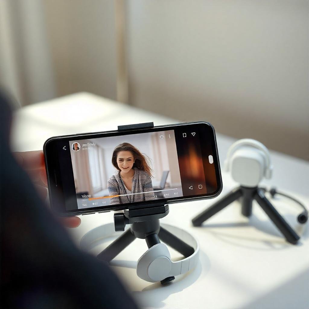 "Editing a vlog on a smartphone using a video editing app, with headphones and a tripod placed on the desk."