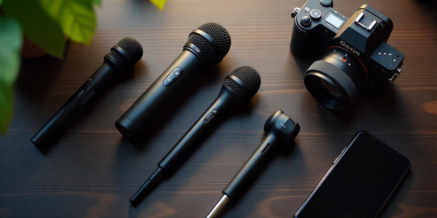 A variety of external microphones for vlogging, including Lavalier, shotgun, wireless, and stereo mics, displayed alongside a camera and smartphone.
