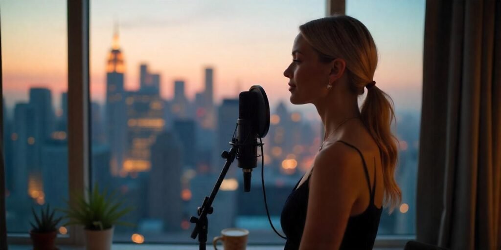 A vlogger preparing to record in a cozy indoor setting with a microphone setup, ensuring minimal background noise for clear audio.