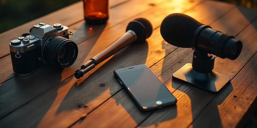 A close-up of a Rode Wireless GO II microphone system, with the wireless transmitter attached to a vlogger’s shirt for wireless audio recording.