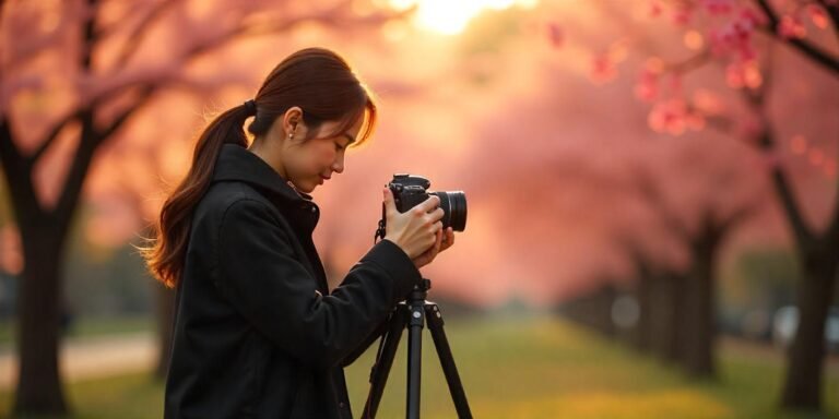 A vlogger setting up a camera on a tripod, adjusting the height and angle for an outdoor shoot."