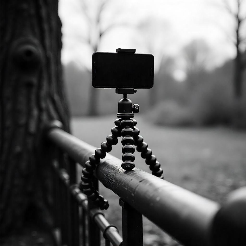 Flexible tripod wrapped around a tree branch, holding a camera to capture a unique vlogging angle."