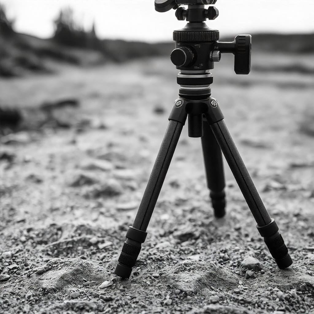 Close-up of a sturdy tripod on uneven ground, demonstrating its stability for vlogging outdoors."
