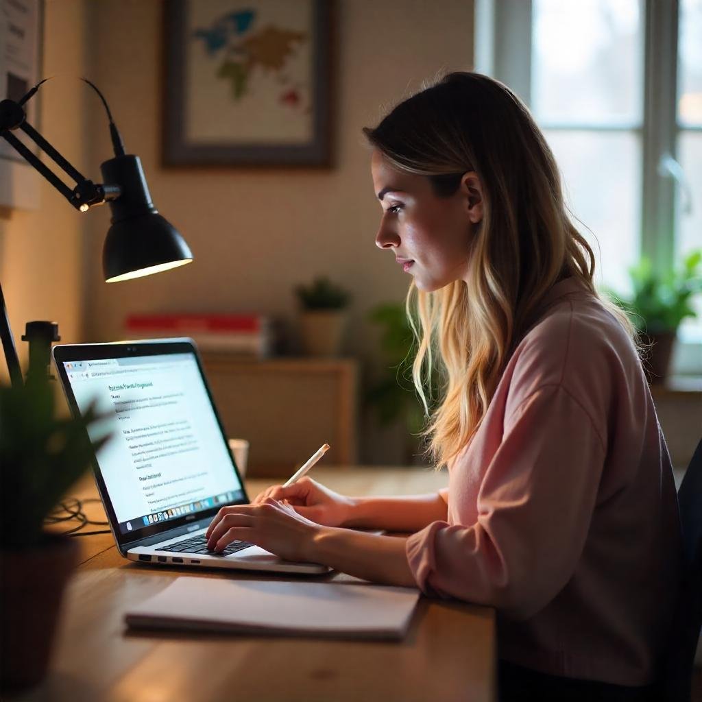 Affiliate Marketing with Vlogging Camera Blogs: A content creator writing a blog post with a vlogging camera and microphone in the background.