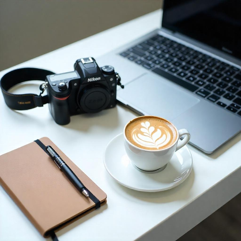 Affiliate Marketing with Vlogging Camera Blogs: A flat lay of vlogging camera gear, laptop, and notebook, representing the start of a vlogging camera blog business