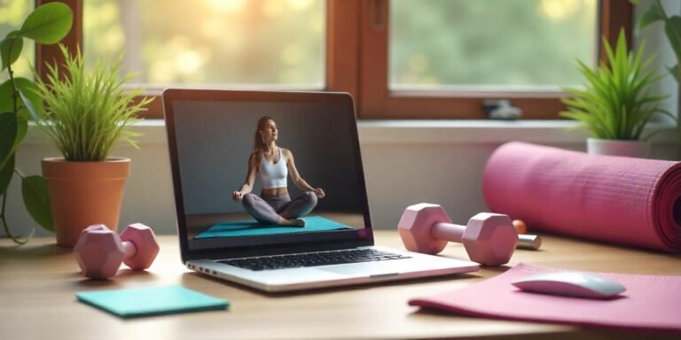 A well-lit, organized workspace with fitness equipment like dumbbells and yoga mats, and a laptop showing fitness vlog content.