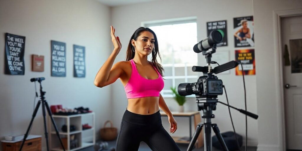 A fitness influencer filming a workout video in a home gym, with a camera and microphone setup in a well-lit space."